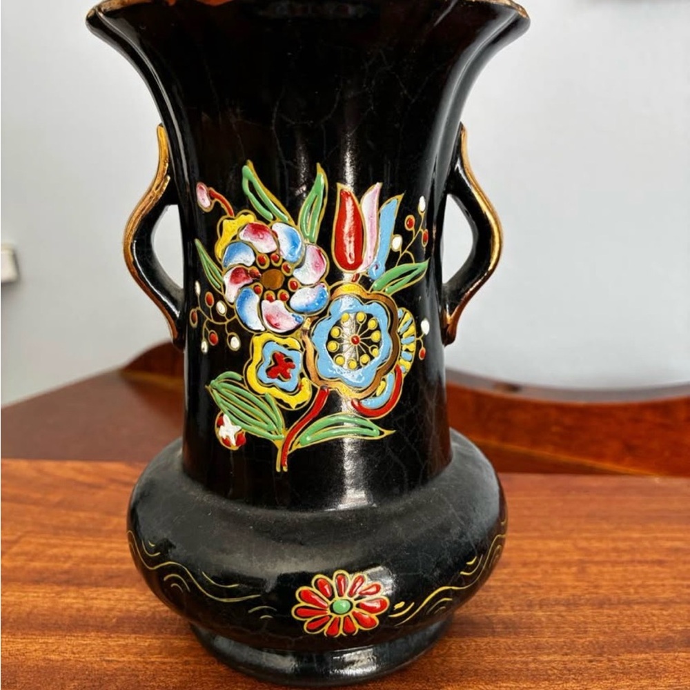 1940s Art Deco Black Floral Porcelain Vase